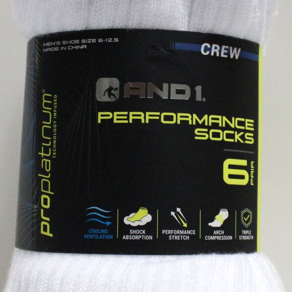 6 Pair White AND1 Men's Shoe Size 6 - 12.5 Crew Performance Socks - Picture 6 of 10